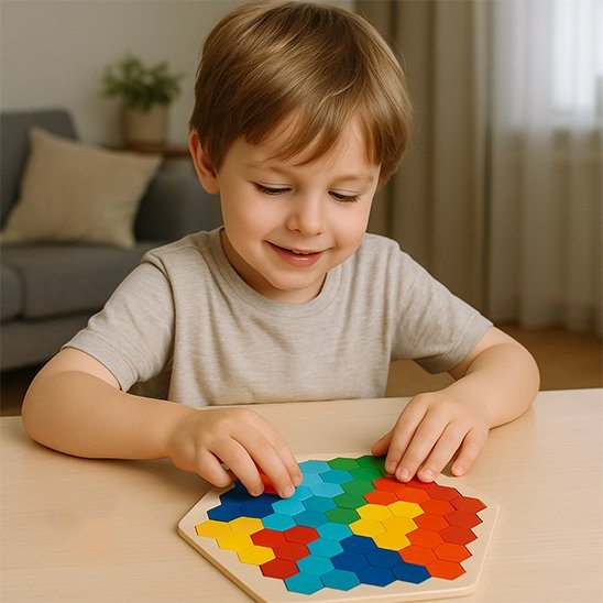 petit garcon amuse avec casse tĂȘte en bois