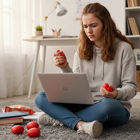 fille avec balle anti stress rouge et portable