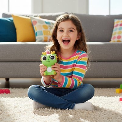 fille qui se detend avec jouet anti stress rigolo vert