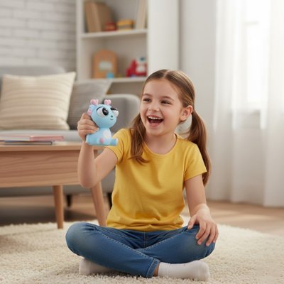 fille qui utilise jouet anti stress rigolo bleu