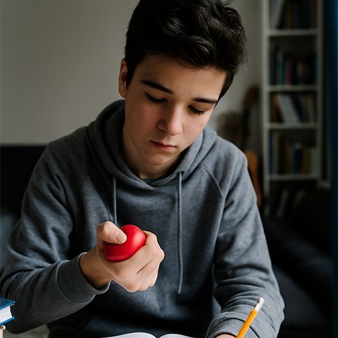 garcon qui destresse avec balle anti stress 