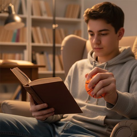 gacon qui lit avec balle anti stress orange