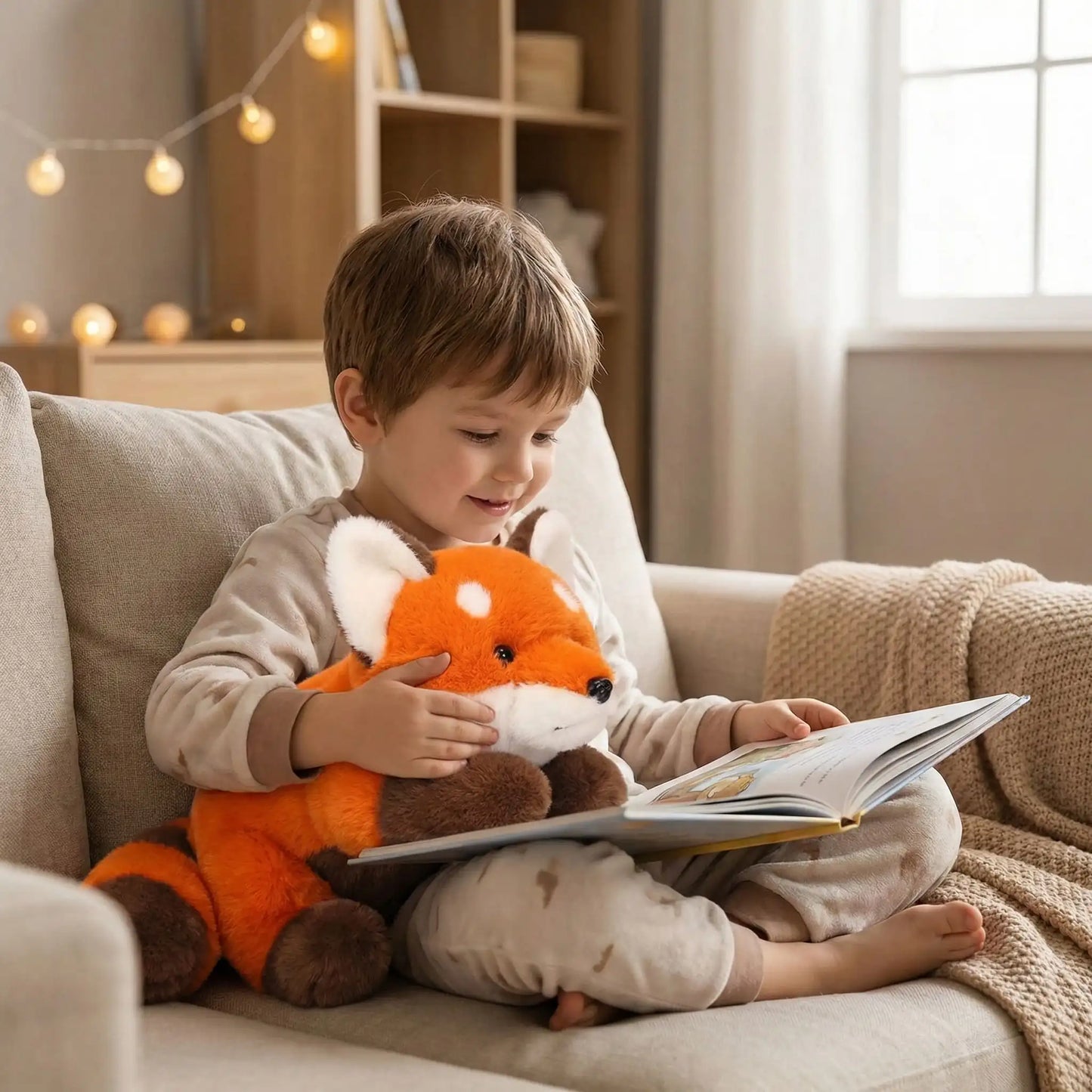 garcon qui lit livre avec son peluche renard