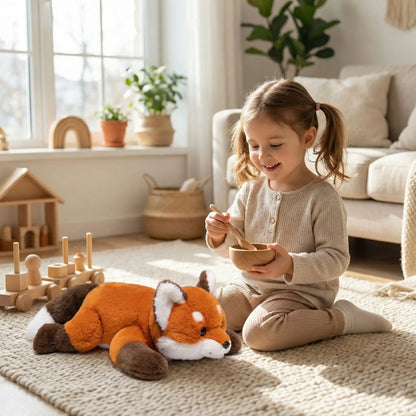 petite fille qui fait mager peluche renard