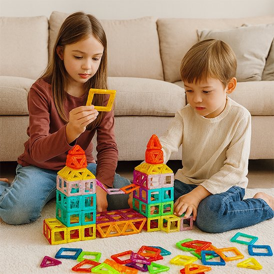 soeur avec frere qui construisent jeu de construction magnétique